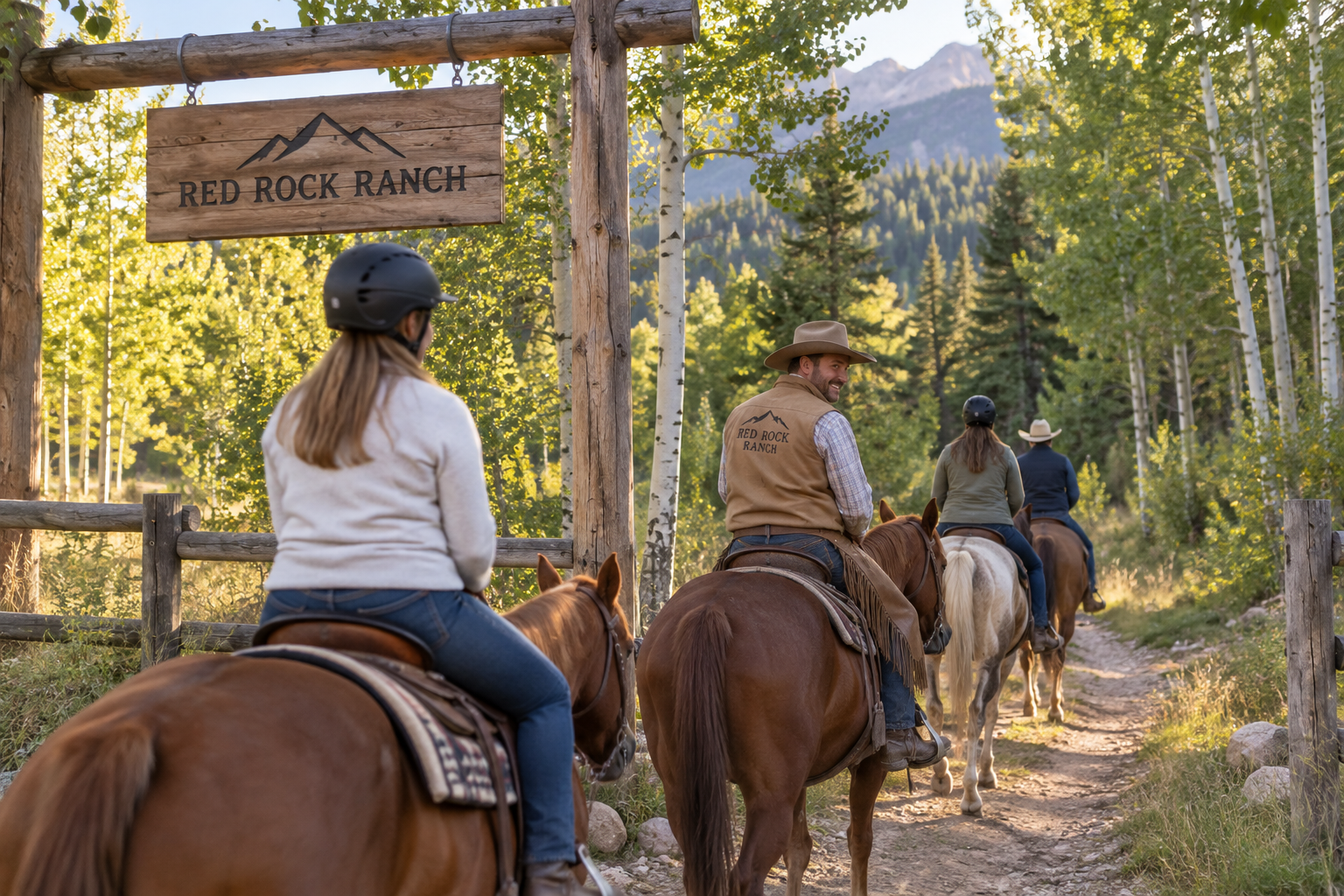 Guided ranch riders approaching a shaded tree-lined trail